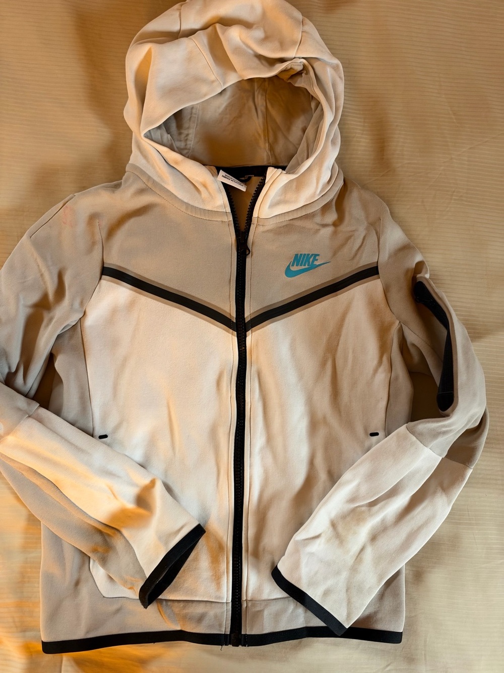 Nike tech fleece Beige Hooded Zip Jacket with Teal Swoosh and Black Trim